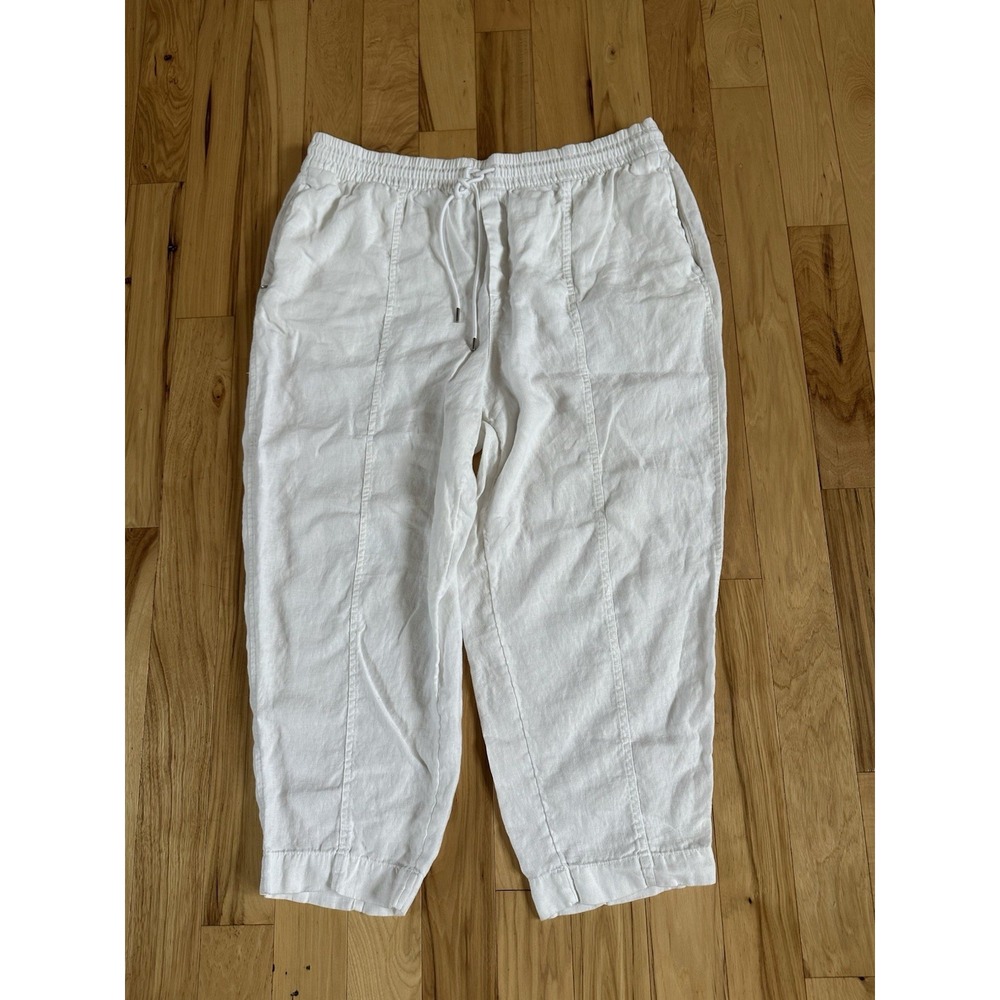 Athleta Women's 100% Linen Ankle Pants White 1X Plus Elastic Drawstring